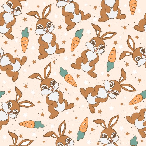 Easter fabric design of cute easter bunny with carrots and stars