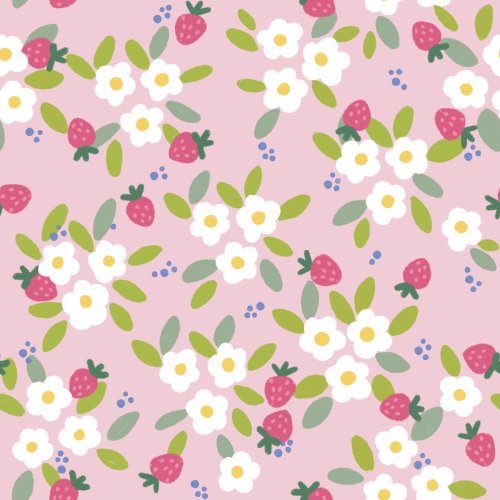 Scattered white flowers and green leaves with small strawberries on a soft pink background 