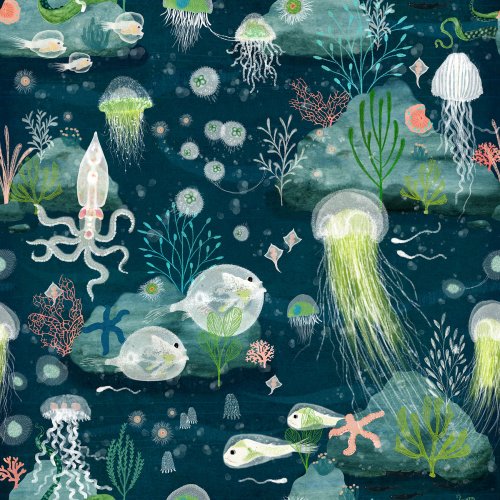 Bioluminescent sea creatures glowing softly in their underwater world, drifting among dark waters with a magical marine feel.