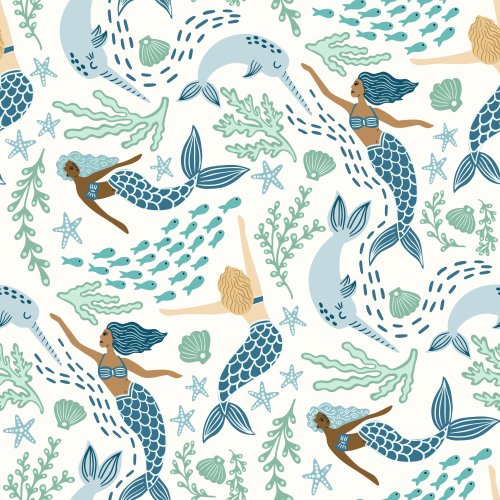Seamless coastal pattern featuring mermaids, narwhals, fish, coral, seashells and starfish in blue and seafoam on a cream background.