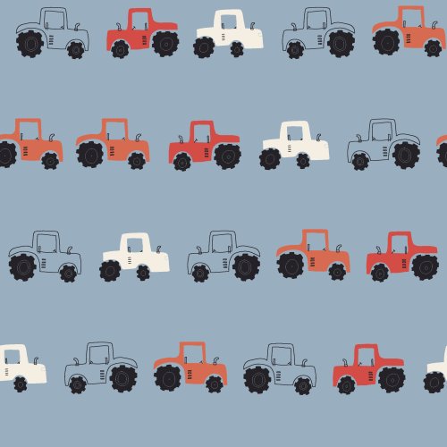 Rows of tractors in primary colors and gender neutral hues, as part of the tractor harvest collection