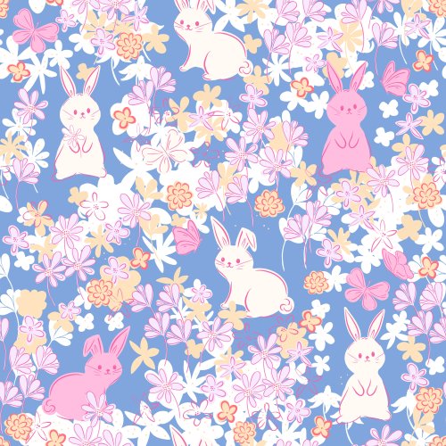 Simple stylised bunnies amongst abstract flowers and butterflies