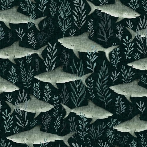 Moody ocean scene with sharks swimming through drifting seaweed, a deep marine design with a dramatic feel.
