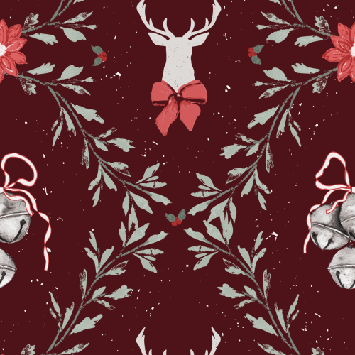 Hand painted holiday greenery in the shape of diamonds with reindeer heads, hand painted gray jingle bells and bows inside