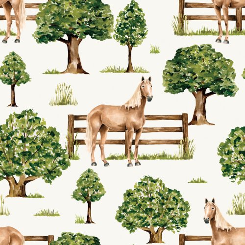 horse in meadow with trees and fence