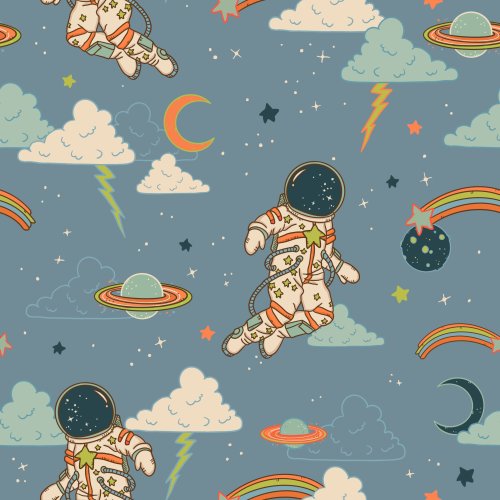 Galaxy Boy was hand drawn by Tylee Hansen. It features astronauts, stars, moons. Available in blue, black or cream.