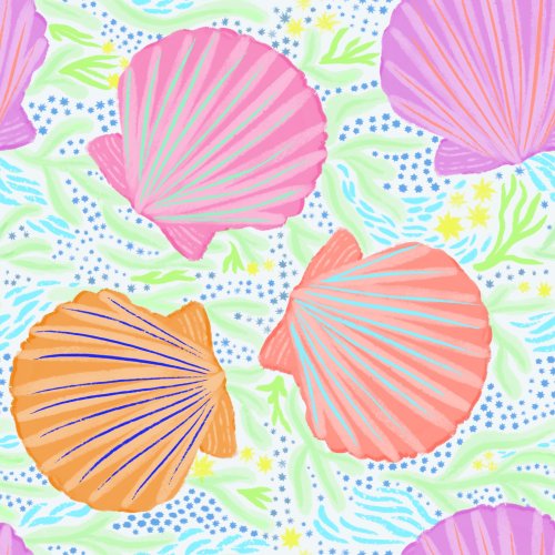 large colorful shells on beds of seaweed or Coral for summer