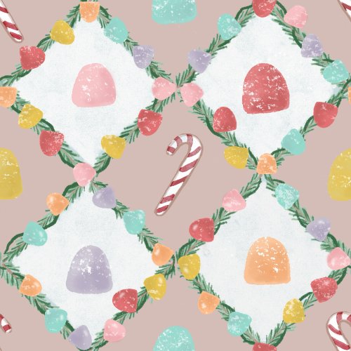 A lattice style pine garland with gumdrop lights and details on a light brown