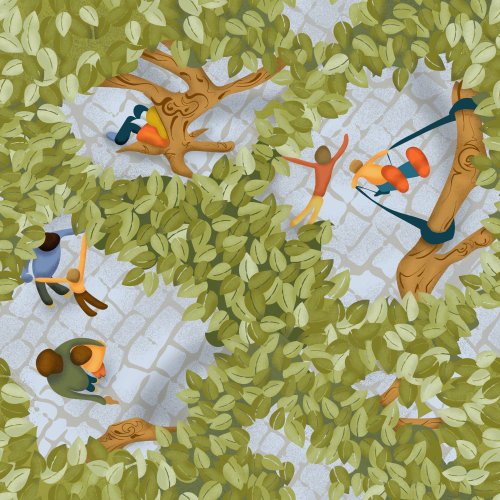 Imagine your a bird, up in the tree, looking down at people in a park.