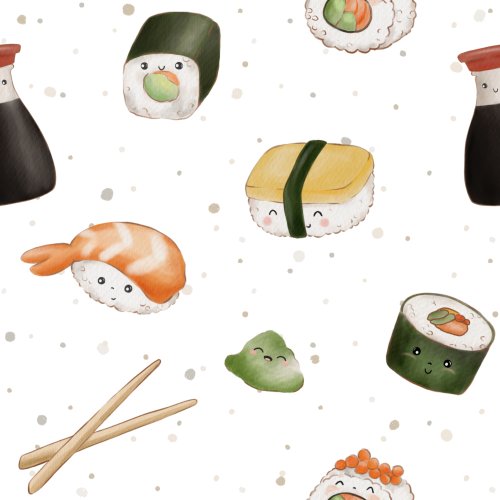 Sushi with happy faces, in white.