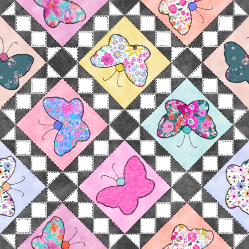 butterfly patchwork with floral prints and geometric quilt look