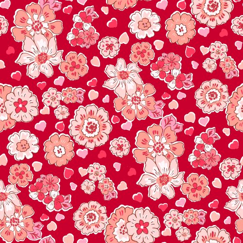 Lovely Crush Retro Floral Hearts in Red Boho floral and hearts in deep red