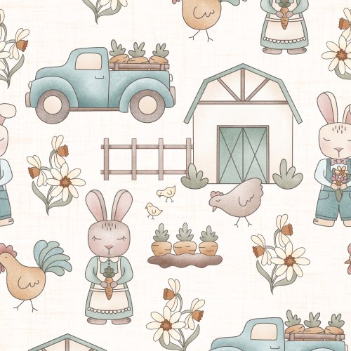 spring design with rabbits, chickens, flowers, farm truck and carrots in garden