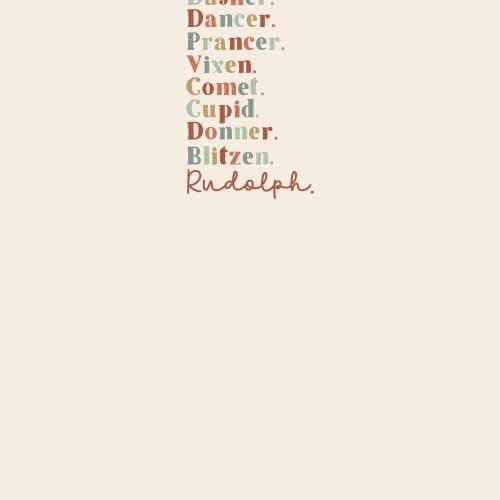 Text list of the 9 reindeer names ending with Rudolph in a script font.