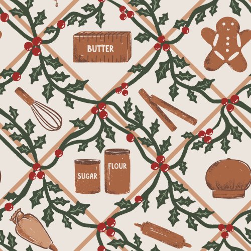Gingerbread Ingredients, baking supplies, and cookies in a diamond trellis pattern with climbing vines of holly berries on an off white background
