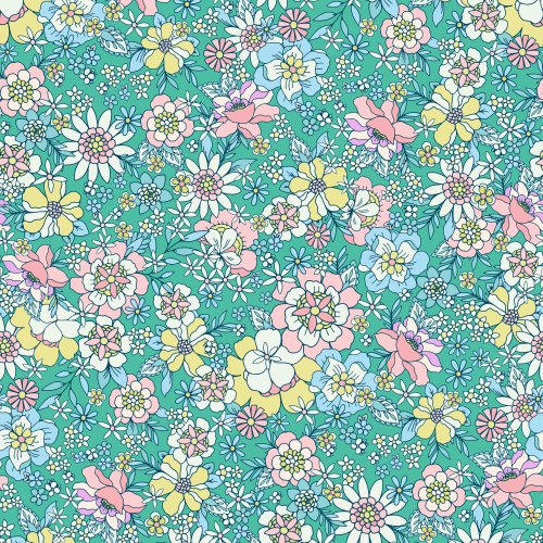 bright green retro floral design with yellow and pink flowers