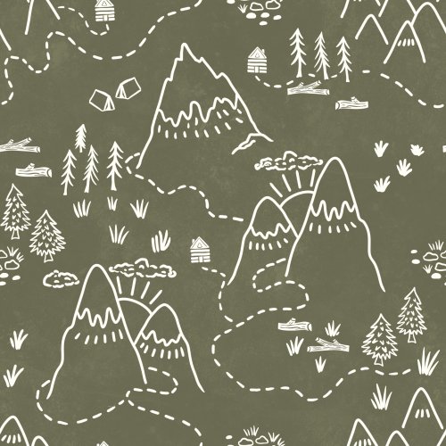 An illustrated mountain trail map pattern with white line art on an deep forest green background, with mountains, cabins, and trees.