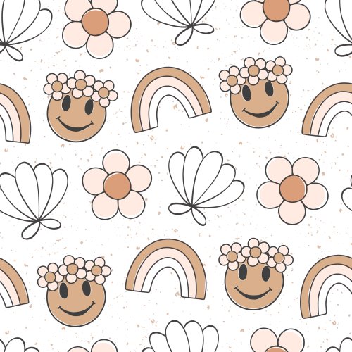 boho summer design with rainbows, sea shells, flowers and smiley faces