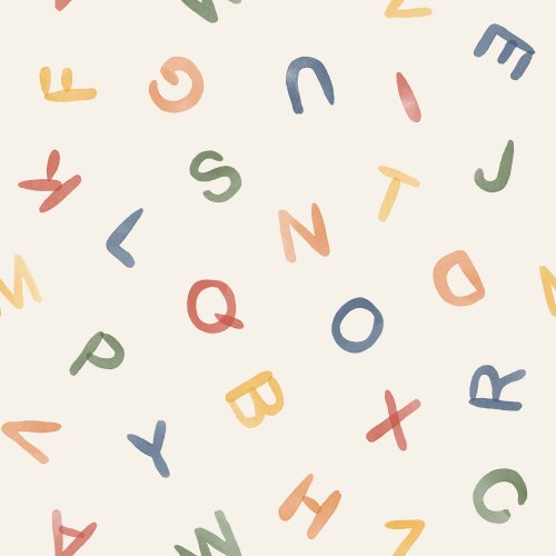 Watercolor capital letters in a tossed orientation on a soft white background.