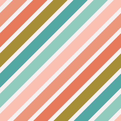 Diagonal stripes in teal blues, olive greens, pinks and corals