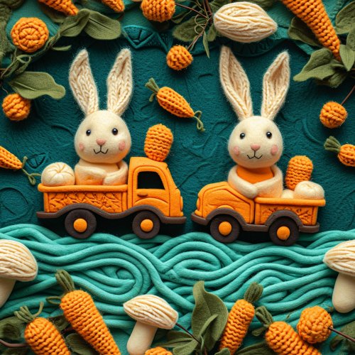 realistic crochet bunnies in trucks with carrots