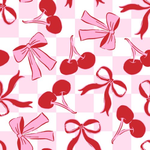 cherries and bows on pink checkers