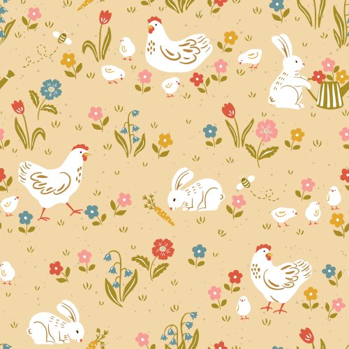 Hand-drawn Easter-inspired pattern featuring chickens, chicks, bunnies, bees, tulips, lilies of the valley, watering cans, and scattered florals on a soft beige background, illustrated in a cheerful spring color palette with a cozy handmade feel