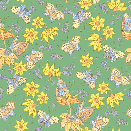 Spring Bohemia Butterfly Garden in Green. Butterflies, boho retro flowers on deep green background