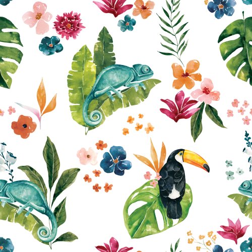 tropical floral design with chameleon and toucan