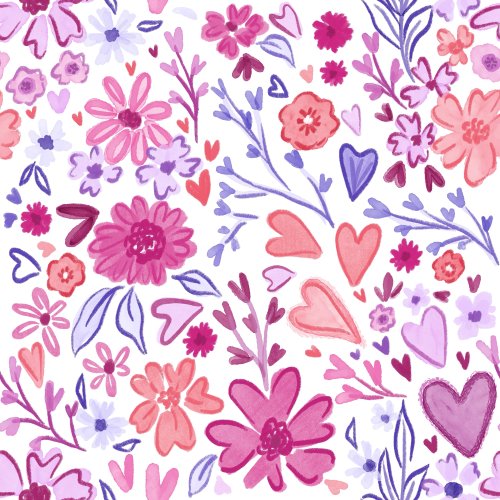 Vibrant floral with hearts for Valentines with purple and pink on white background