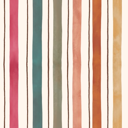 A vertical stripe with multi colors on a cream background.  Pink, blue, sage green, yellow, orange stripes.