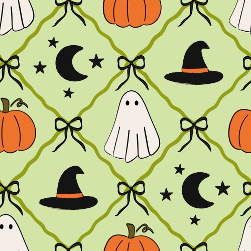 Cute ghosts, pumpkins, stars, moons and witches hat in wavy lattice