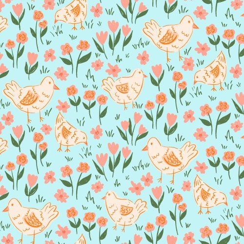 Hand drawn chickens and flowers