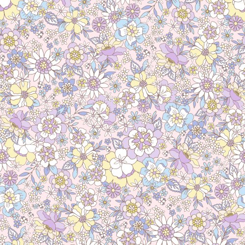 retro floral design with pink, lilac and yellow flowers