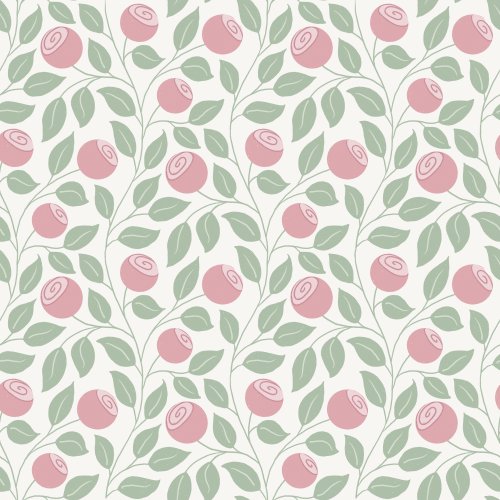 Seamless repeating botanical pattern with soft green leafy vines and blush pink berry motifs on an off-white background.