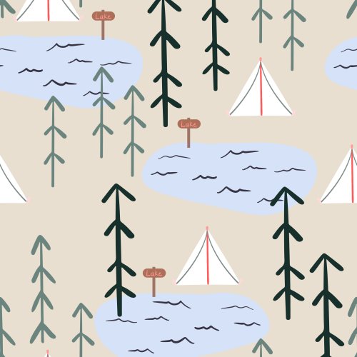 Outdoor print, lake, tents, forest.  Cute camping print.