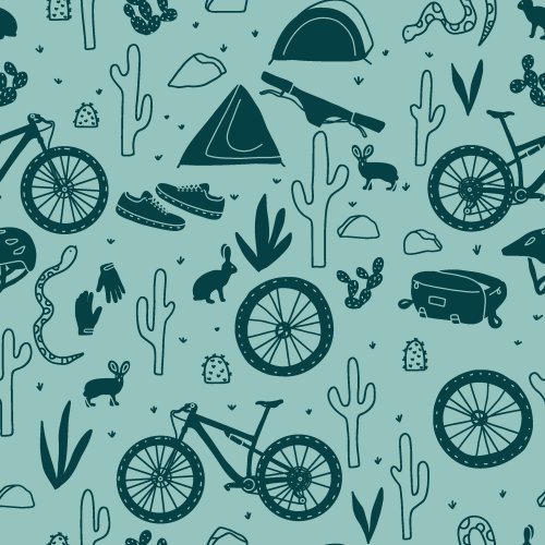 A desert pattern full of cacti, mountain bikes, plants, rattlesnakes, and everything southwest vibe, as part of the desert mountain biking collection.