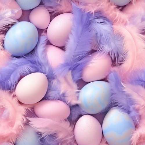 blue and pink eggs with feathers