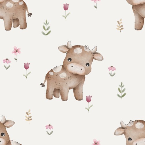 Brown cow with pink flowers in ivory.