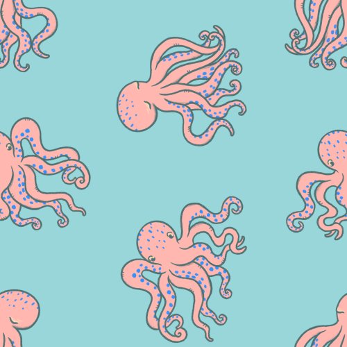 Kraken was hand drawn by Tylee Hansen. It features krakens (or octopi) in blue on neon yellow or pink on sea green.