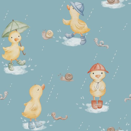 Ducks with boots and umbrellas in the rain, in teal. 