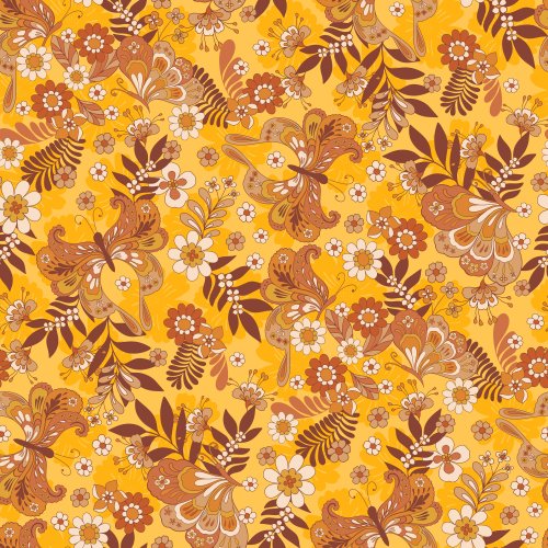 Fall Butterflies and Blooms in Yellow and Brown. Boho. 70s retro butterfiles and retro flowers