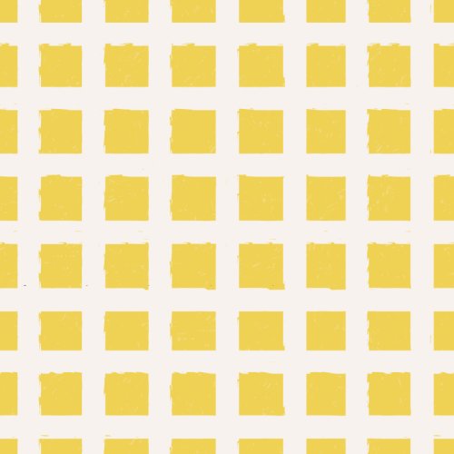A repeating geometric grid of hand-painted mustard yellow squares arranged in evenly spaced rows on a warm off-white background, with subtly distressed edges and texture.