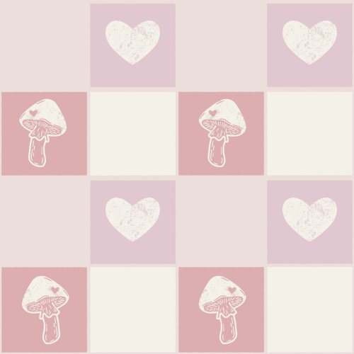 A checked design with sweet mushrooms and hearts.