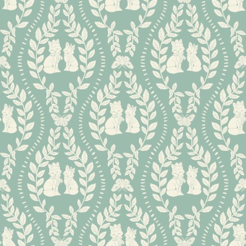 Foxes sitting between foliage on a sage background damask style