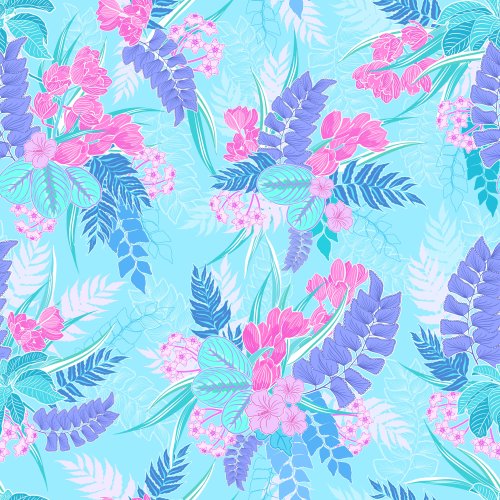 A busy mix of tropical leaves and flowers in pastel shades.