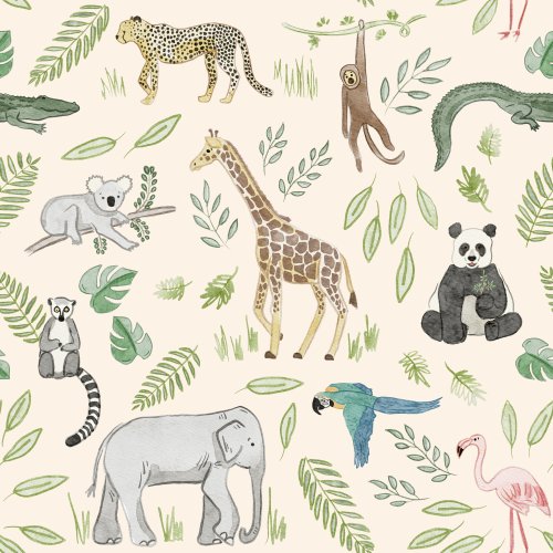 Watercolor animals including monkey, giraffe, elephant, cheetah, panda and koala in a soft color palette.