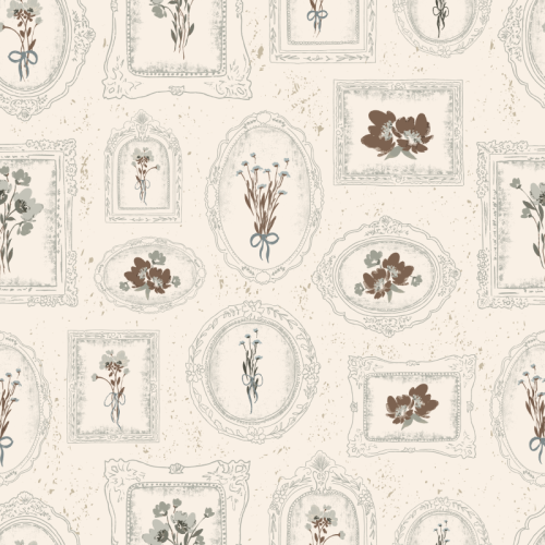 hand drawn vintage picture frames with painterly flower bouquets and ribbons inside against a cream background