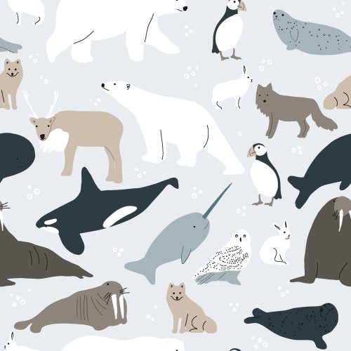 A whimsical and childlike pattern full of arctic animals including polar bears, orca whales, reindeer, walrus, seal, narwhal, puffins, and more in gender neutral winter colors.