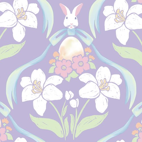 The Easter Bunny looks out above his gifts of painted eggs easter lillies and spring flowers tied with a bow in a ogee shaped half drop repeated print